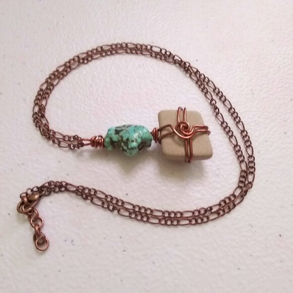 Beachy Boho Vibes! Sage Coast - Ceramic + Turquoise Magnesite + Copper Pendant - Picture 1 of 9